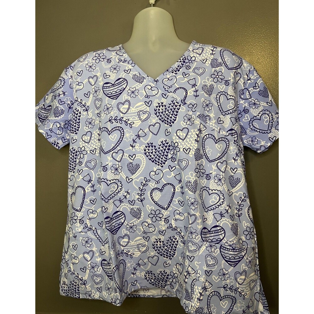 I Love Scrubs Shirt Womens Large Blue Heart V Neck Scrub Tunic Top Medical